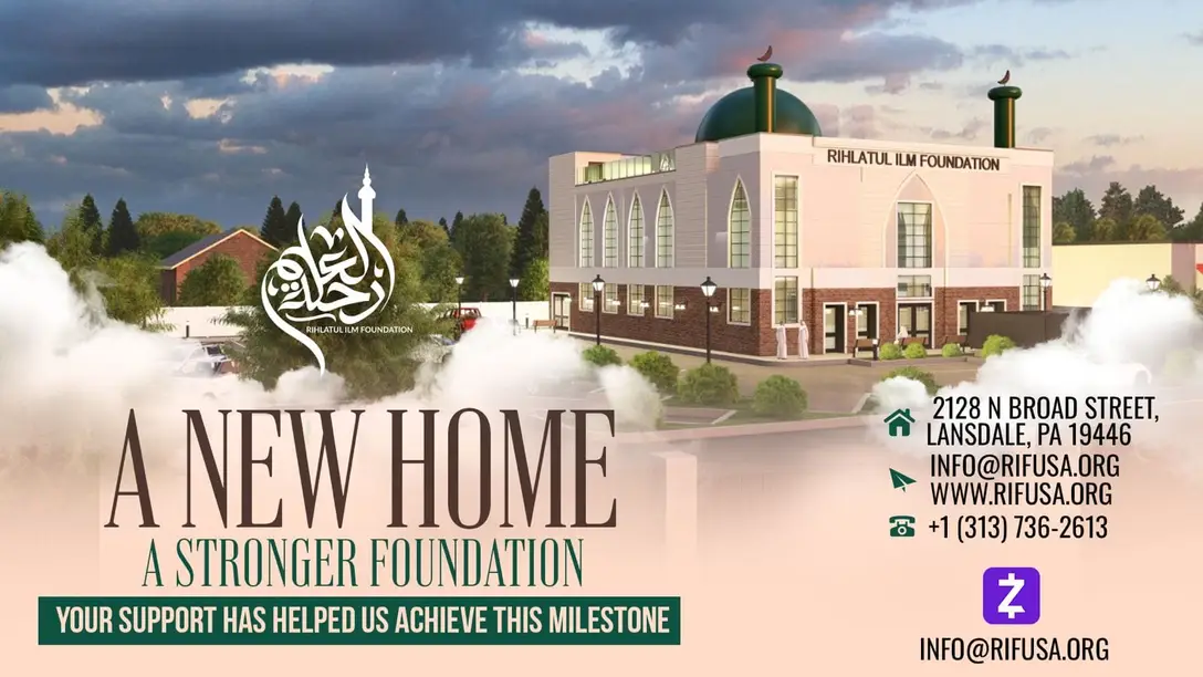 The Foundation’s campaign graphic for the new building: a rendering of the planned masjid with a green dome, over the words “A new home, a stronger foundation” and “Your support has helped us achieve this milestone”.