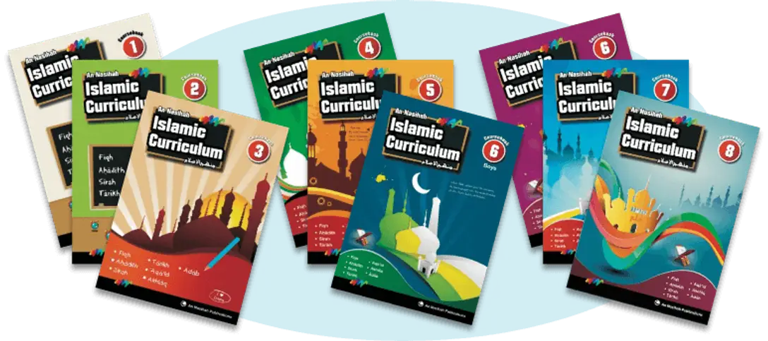 The eight books of the An Nasihah Islamic Curriculum, fanned out in a row, each cover numbered one to eight and printed with a different illustration.