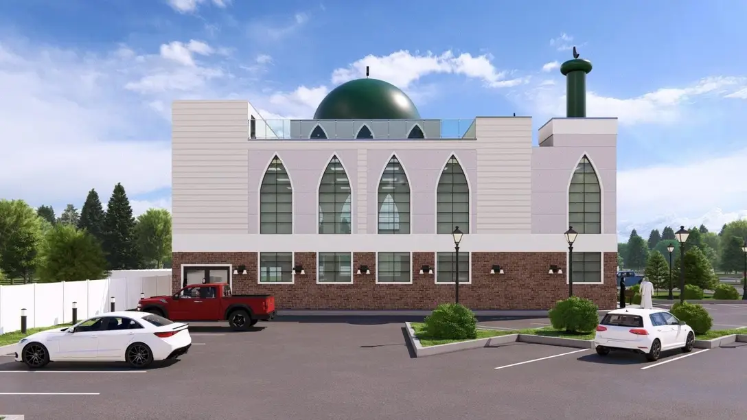 A rendering of the planned building square on from the parking lot, showing the full row of pointed-arch windows, the dome and the minaret.