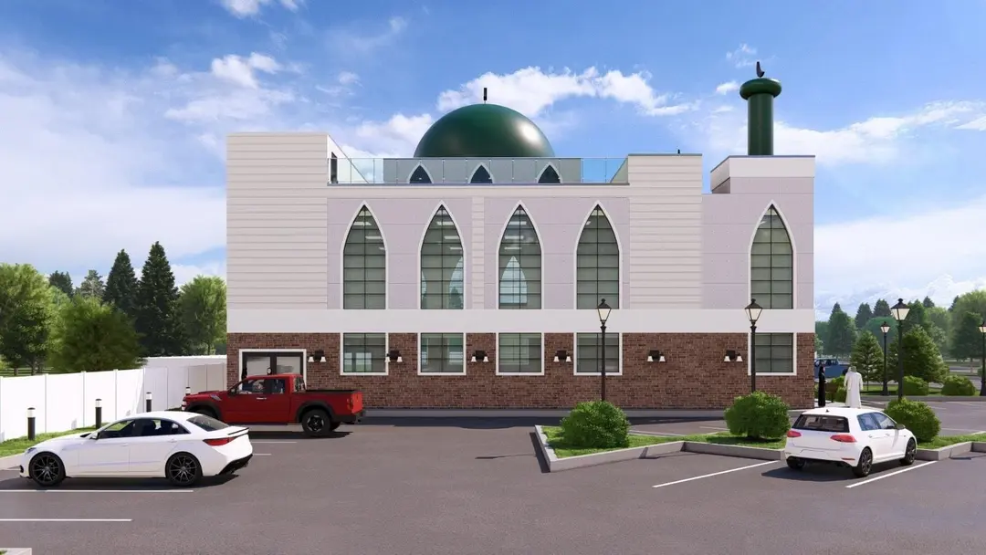 A rendering of the planned building square on from the parking lot, showing the full row of pointed-arch windows, the dome and the minaret.